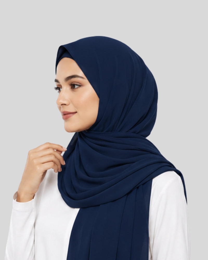 Royal Navy Blue Modest Chiffon Hijab with Built-in Magnets