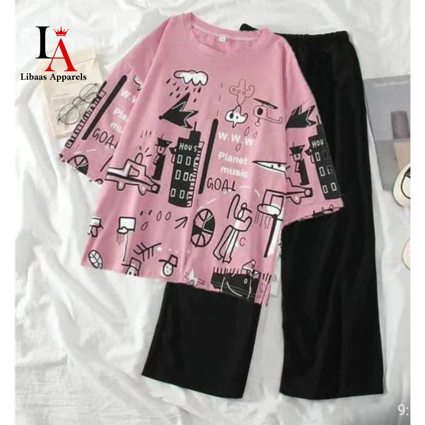 Pink Planet Music With Black Pajama Printed Night Suit