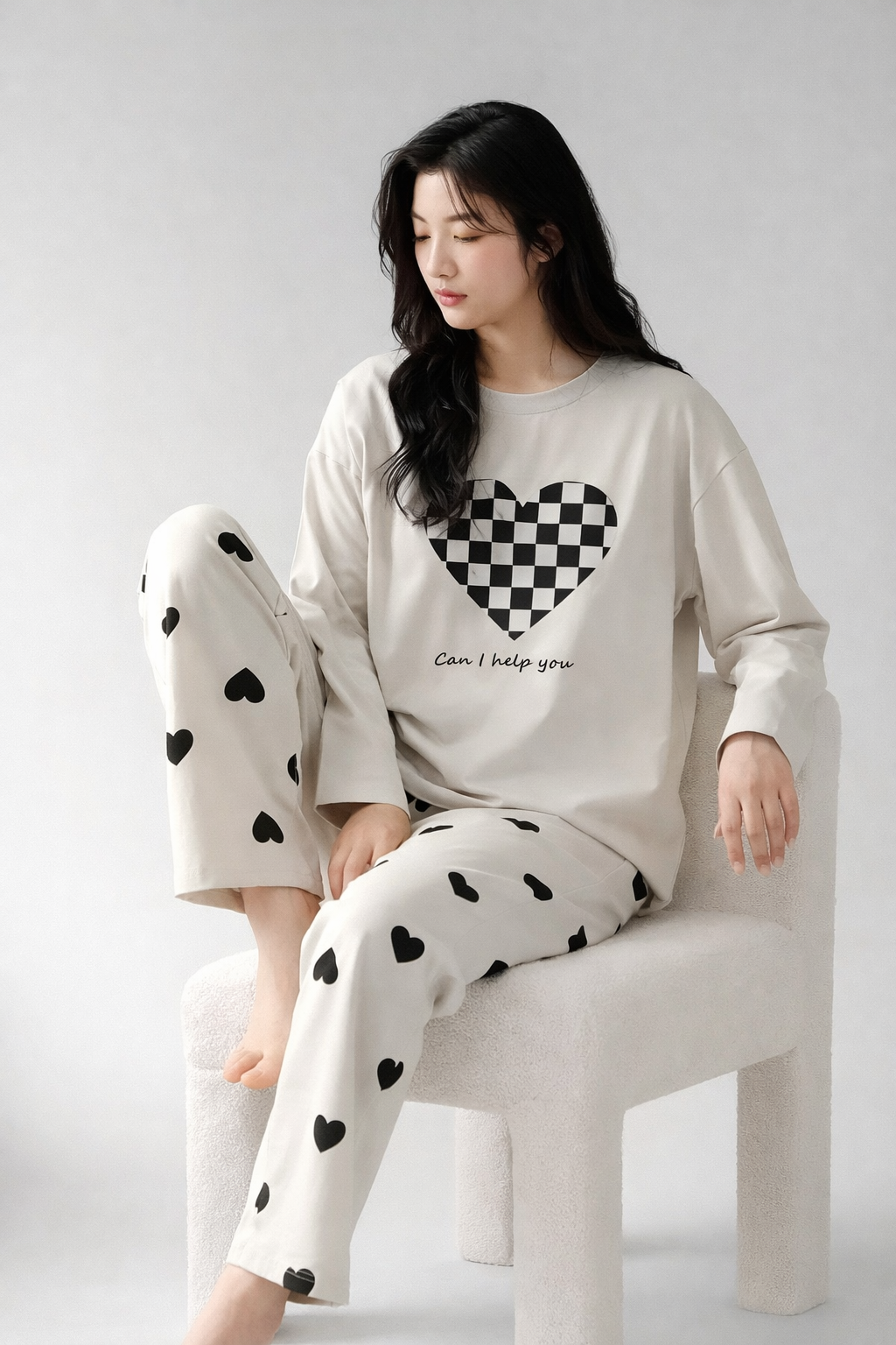 Grey Puzzle Heart Printed Night Suit