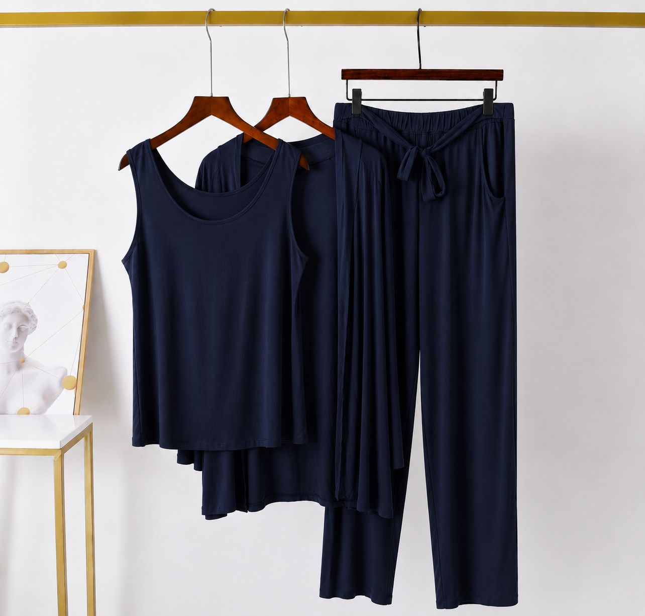 Plain Navy Blue Women 3 piece Night Suit
