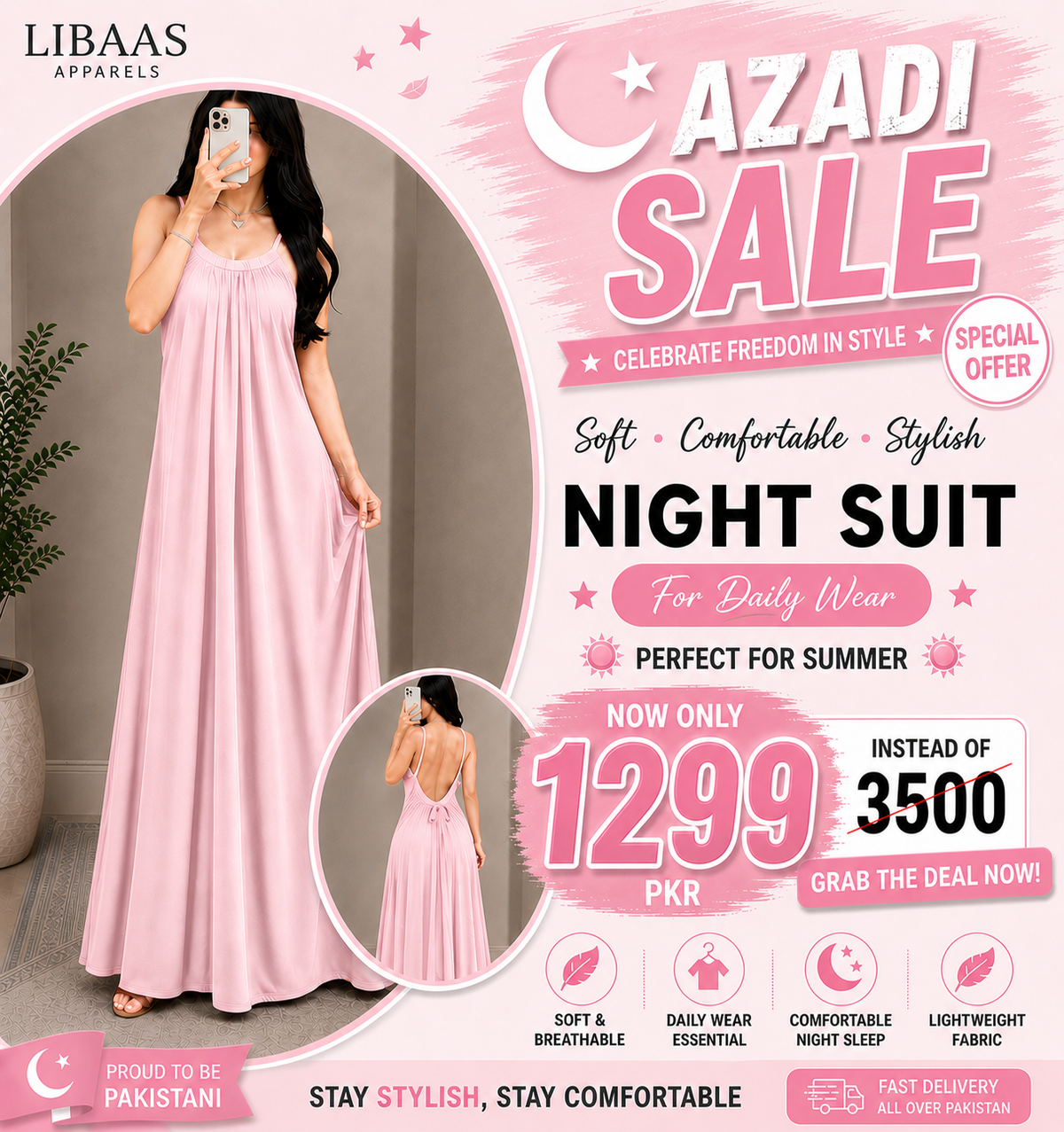 Back Flow Night Suit ( Baby Pink )