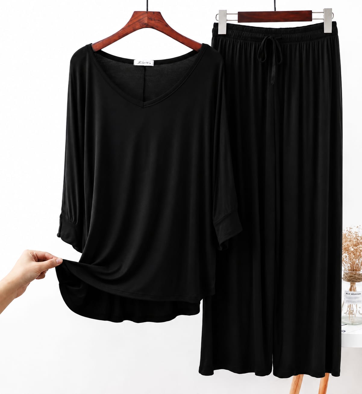 Black V-Neck Women Night Suit PJ Set