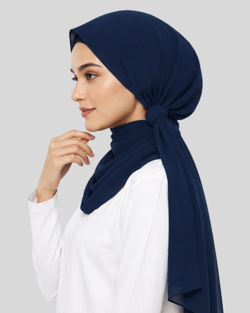 Royal Navy Blue Modest Chiffon Hijab with Built-in Magnets
