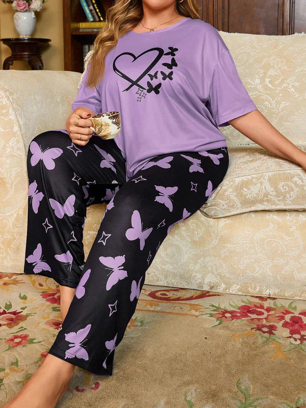 Purple Heart and Butterfly Printed Night Suit