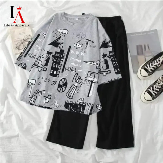 Grey Planet Music With Black Pajama Printed Night Suit
