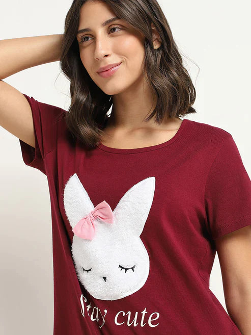 Maroon Stay Cute Printed Night Suit
