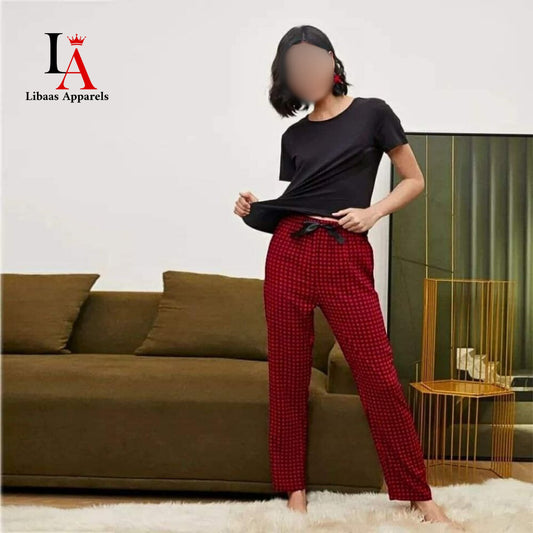 Black And Red Checkered Round Neck Pajama Night Suit