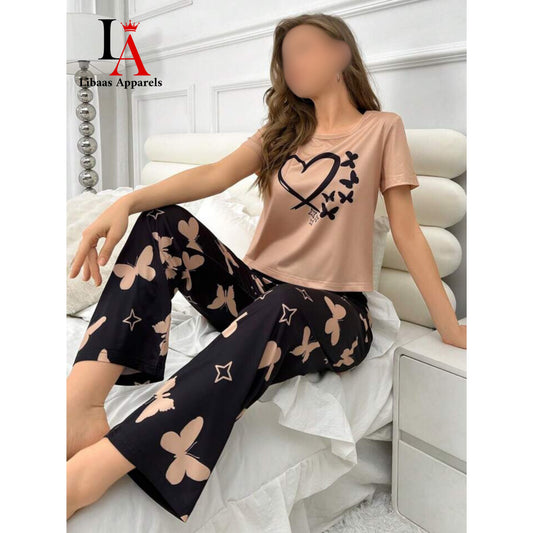 Heart & Butterfly Printed Night Suit
