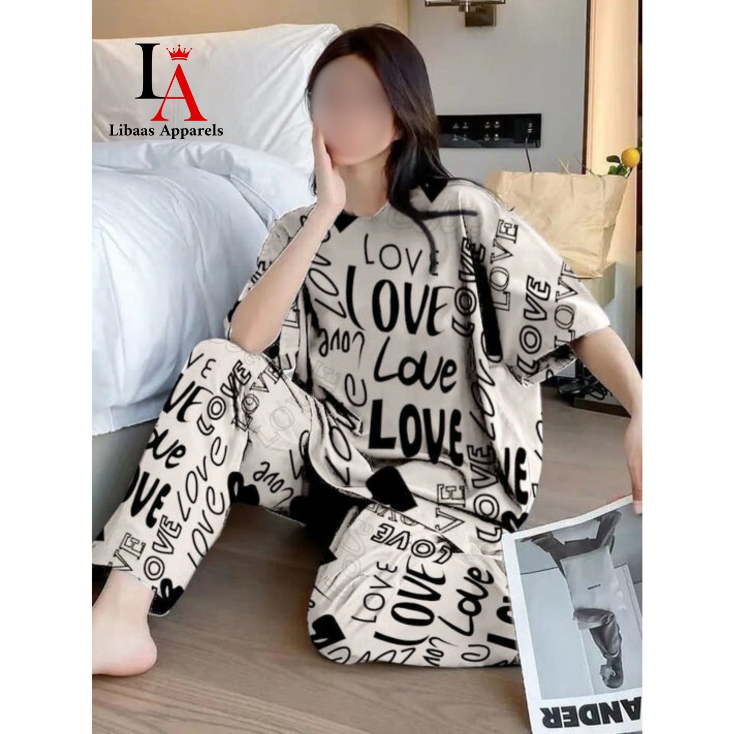 Drop Shoulder Love Printed Night Suit