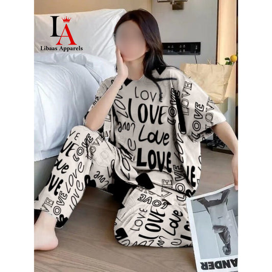 Drop Shoulder Love Printed Night Suit