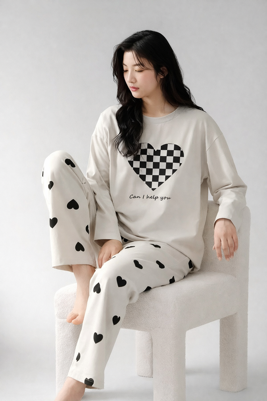 Grey Puzzle Heart Printed Night Suit