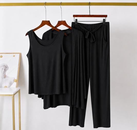Plain Black  Women 3 piece Night Suit