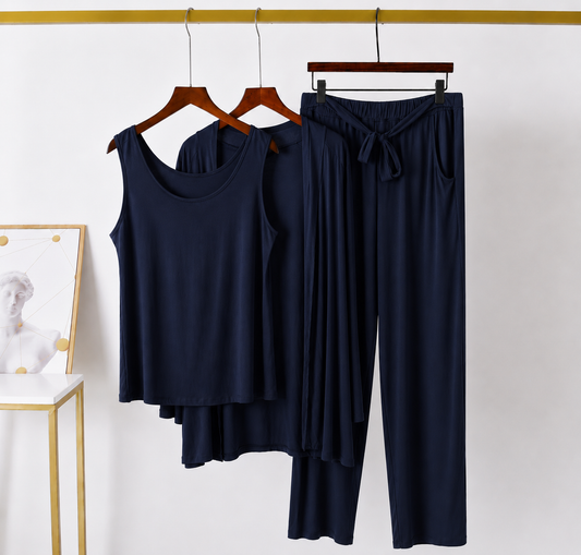Plain Navy Blue  Women 3 piece Night Suit