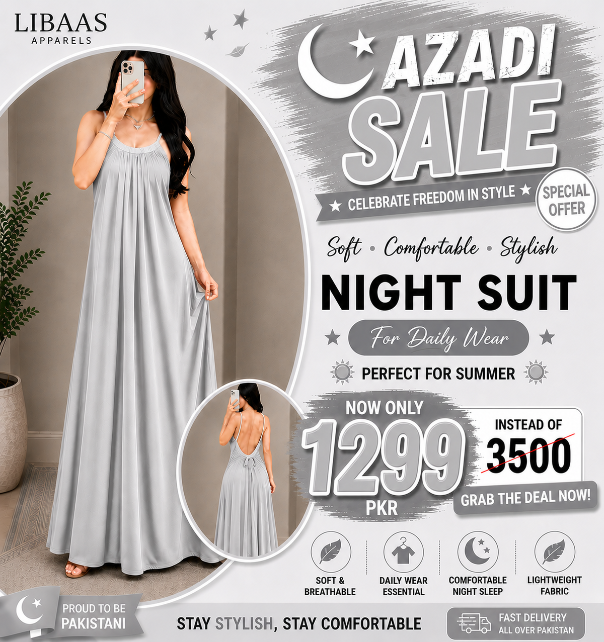 Back Flow Night Suit ( Silver Grey )