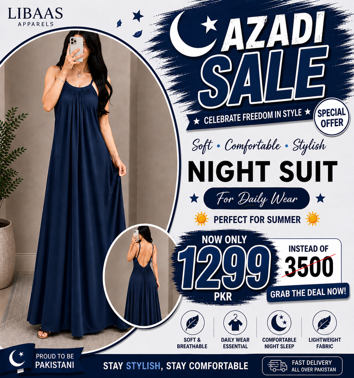 Back Flow Night Suit ( Navy Blue )