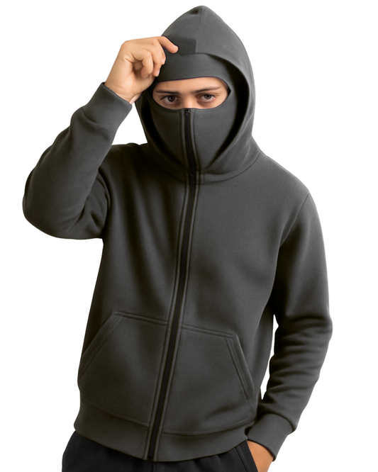 Plain Grey Balaclava Ninja Zipper Hoodie Jacket