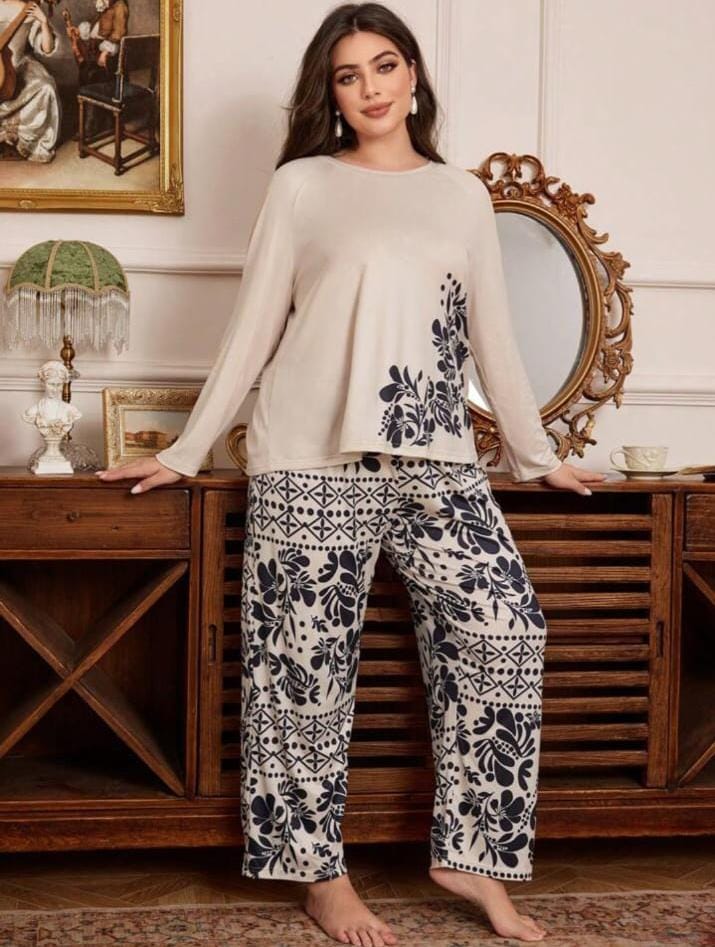 White Leaves Printed Night Suit