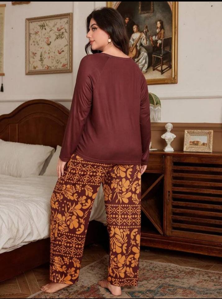 Maroon Leaves Printed Night Suit