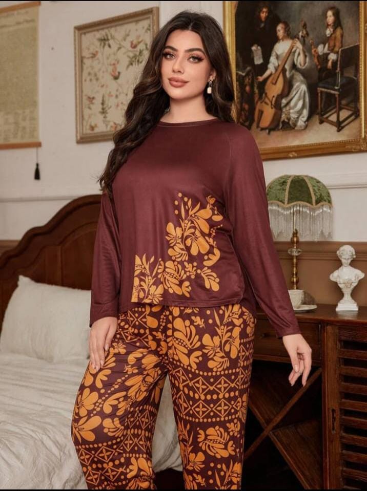 Maroon Leaves Printed Night Suit