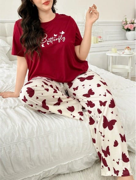 Mehroon Small Butterfly Printed Night Suit