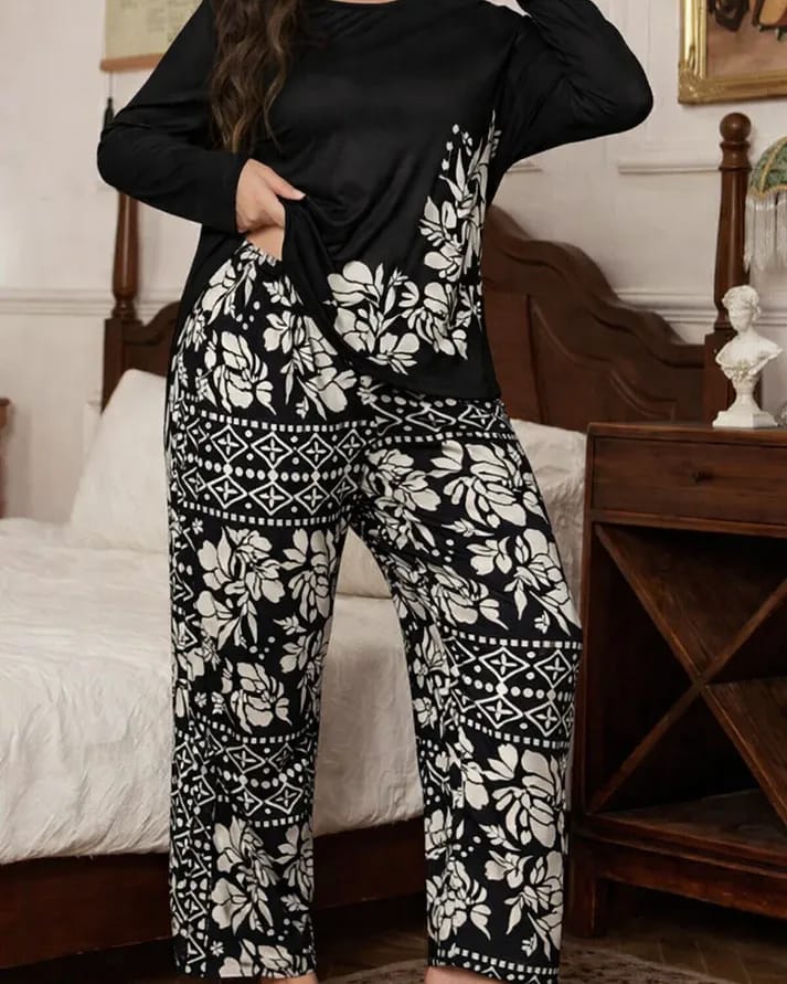 Black Leaves Printed Night Suit