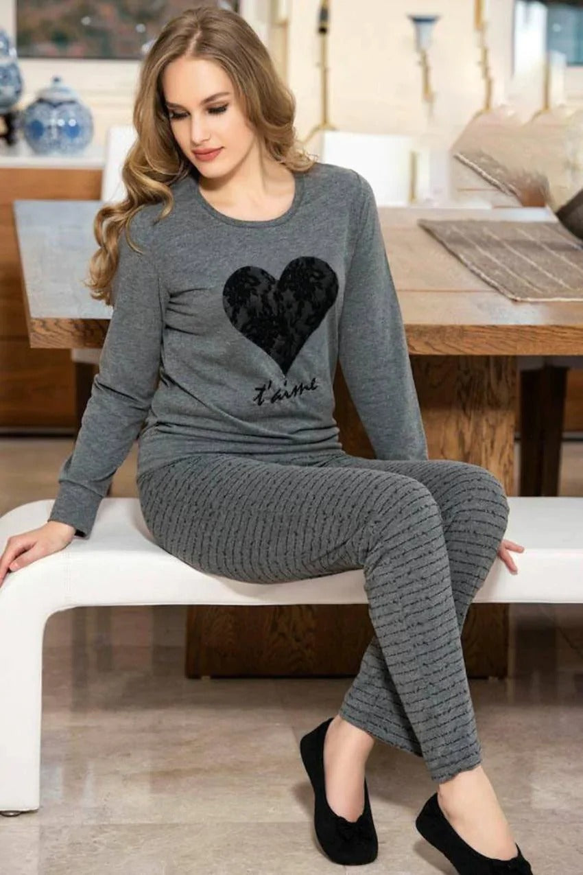 Black Big Heart Printed Night Suit