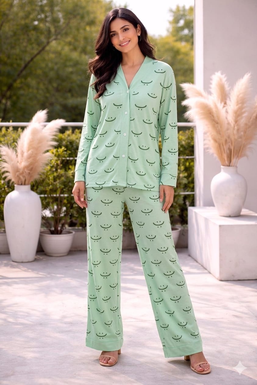 Lite green V-Neck Button Printed Night Suit