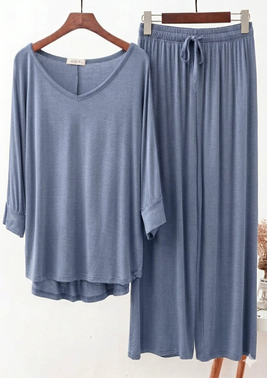 Teal Blue V-Neck Women Night Suit PJ Set