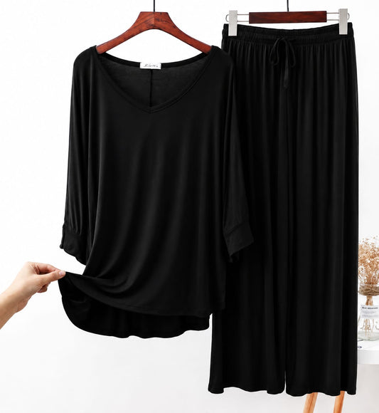 Black V-Neck Women Night Suit PJ Set