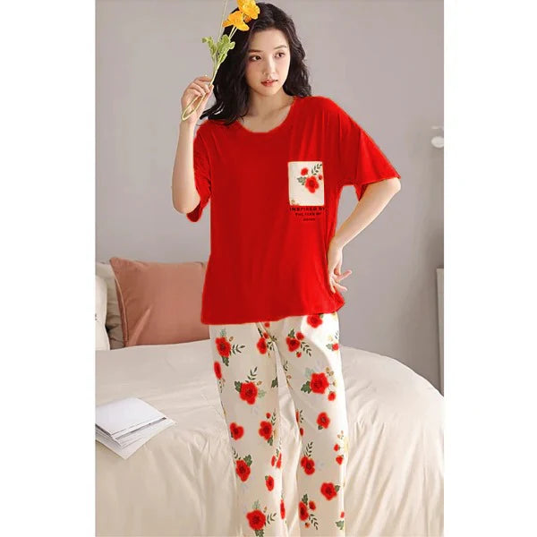 Red Pocket Flower printed Night Suit