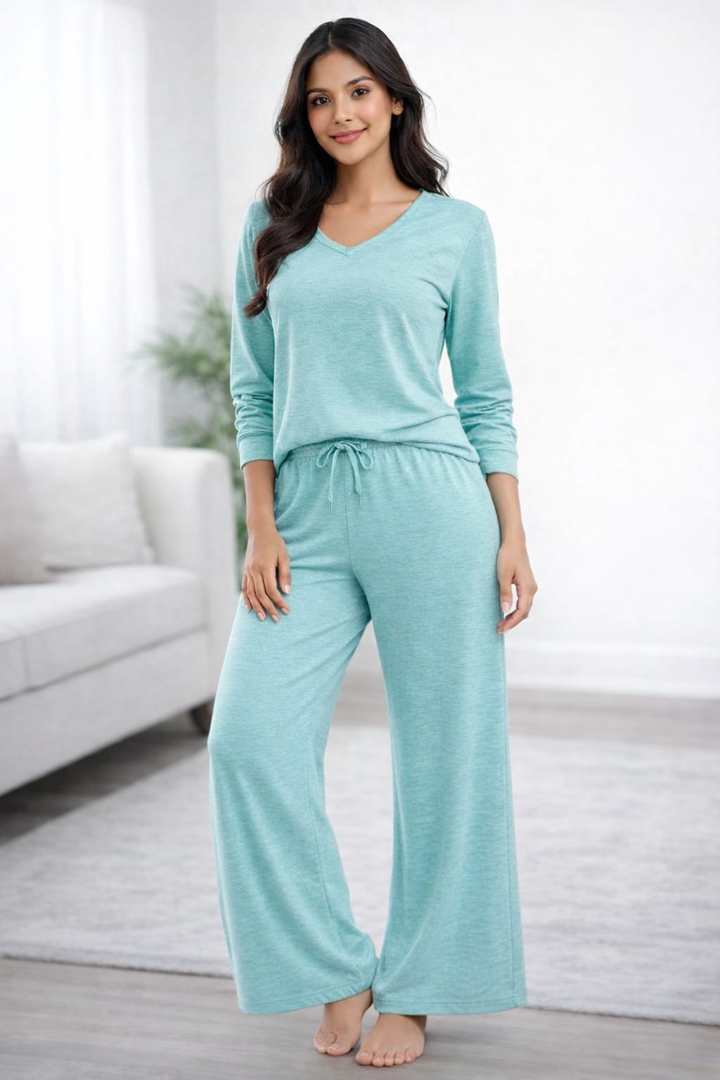 Mint Green V-Neck Women Night Suit PJ Set