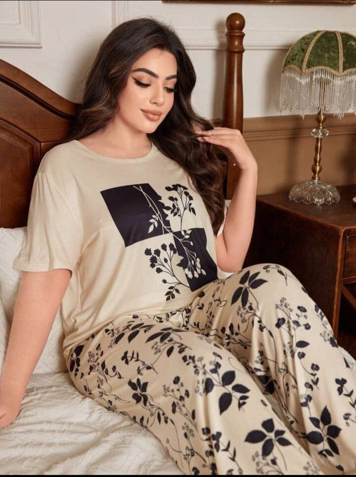 Cream Leaves Printed Night Suit