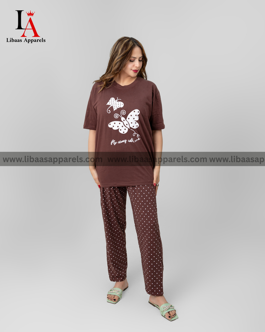 Brown Butterfly Printed Night Suit