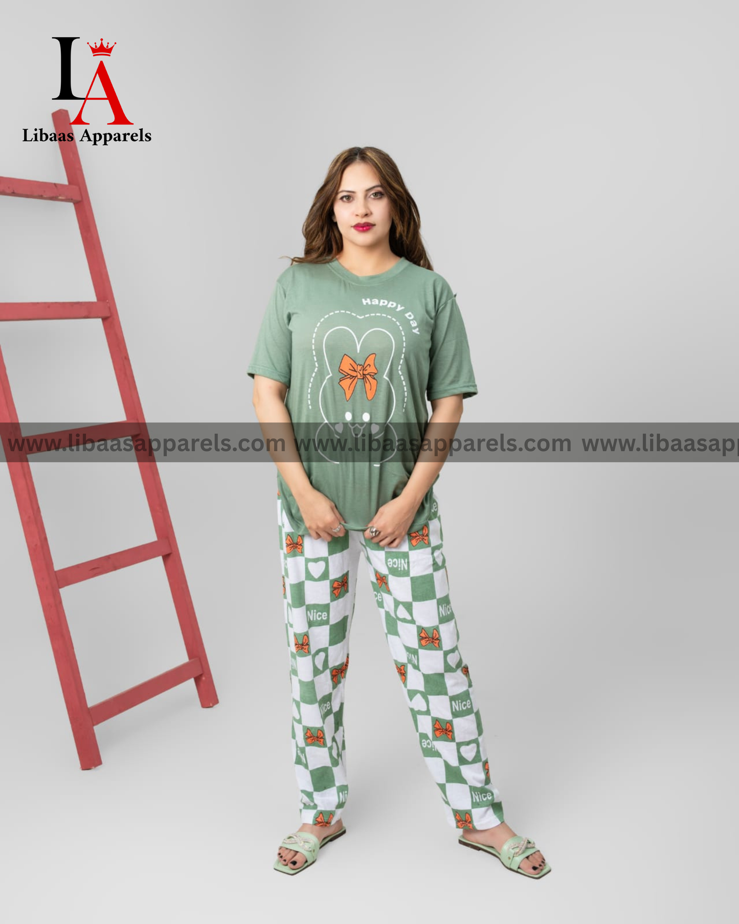 Olive Green Printed Night Suit