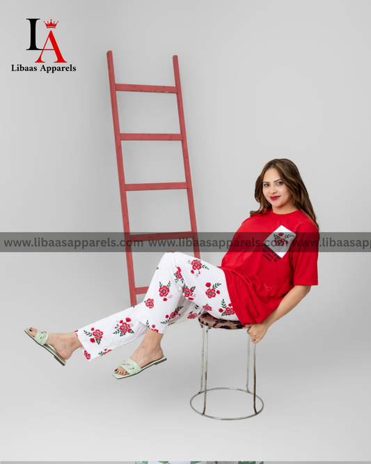 Red Pocket Flower printed Night Suit