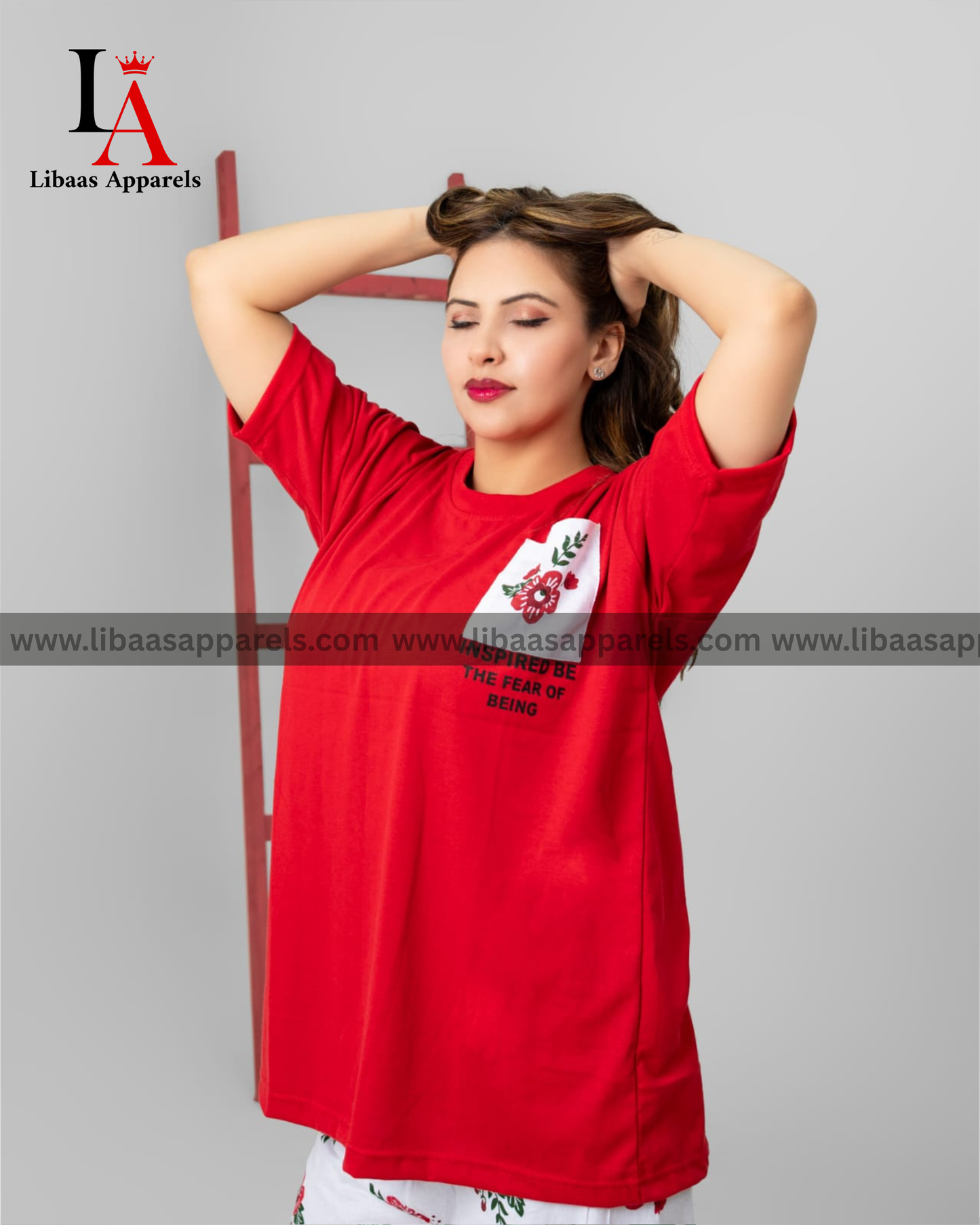 Red Pocket Flower printed Night Suit